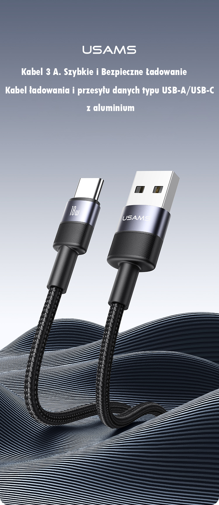 USAMS USB-A į USB-C kabelis 3A 1.2m aliuminio lydinio duomenų kabelis SY Series SJ718USB01 (US-SJ718) aprašymas - Prekės nuotrauka