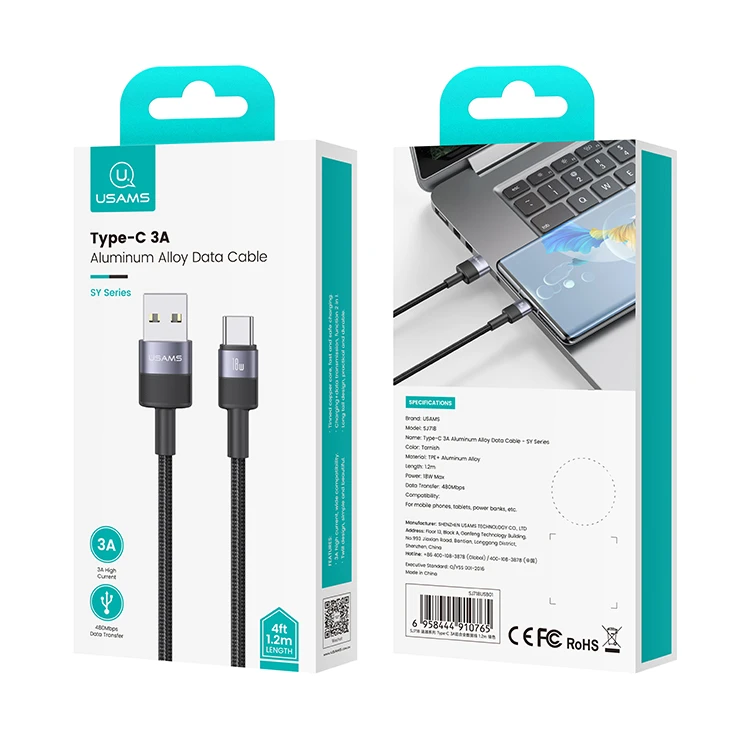 USAMS USB-A į USB-C kabelis 3A 1.2m aliuminio lydinio duomenų kabelis SY serijos SJ718USB01 (US-SJ718) aprašymas - Prekės nuotrauka USAMS USB-A į USB-C kabelis 3A 1.2m aliuminio lydinio duomenų kabelis SY serijos SJ718USB01 (US-SJ718) aprašymas - Prekės nuotrauka