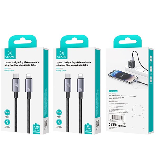 USAMS USB-C į Lightning kabelis 30W 1.2m greitas įkrovimas plieno/tamsiai pilkas SJ662USB01 (US-SJ662) aprašymas - Prekės nuotrauka