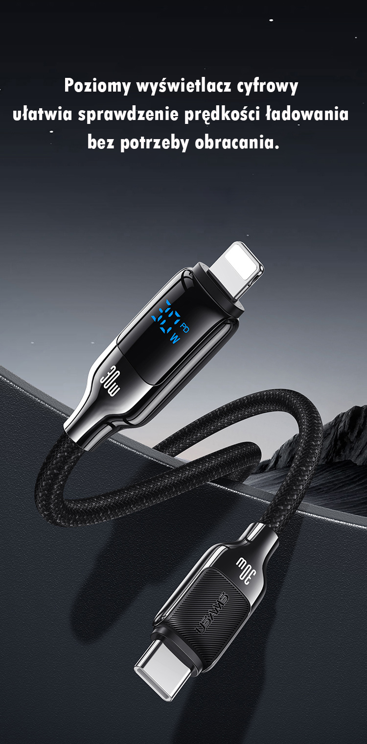 USAMS USB-C į Lightning Kabelis 30W 1.2m Digital Ekranas Zinc Alloy Fast Charging Data Kabelis HX Seri aprašymas - Prekės nuotrauka USAMS USB-C į Lightning Kabelis 30W 1.2m Digital Ekranas Zinc Alloy Fast Charging Data Kabelis HX Seri aprašymas - Prekės nuotrauka