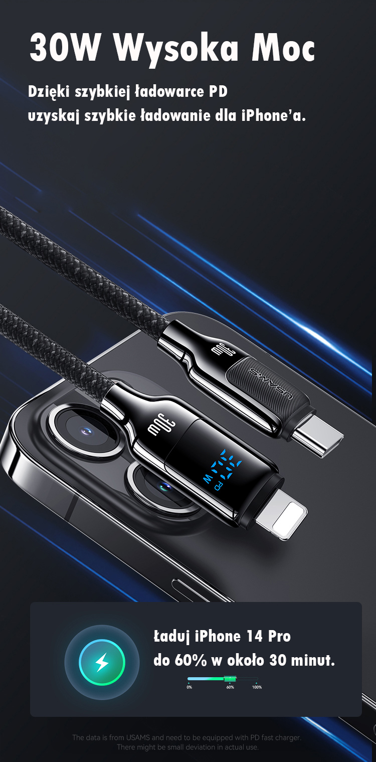 USAMS USB-C į Lightning Kabelis 30W 1.2m Digital Ekranas Zinc Alloy Fast Charging Data Kabelis HX Seri aprašymas - Prekės nuotrauka USAMS USB-C į Lightning Kabelis 30W 1.2m Digital Ekranas Zinc Alloy Fast Charging Data Kabelis HX Seri aprašymas - Prekės nuotrauka