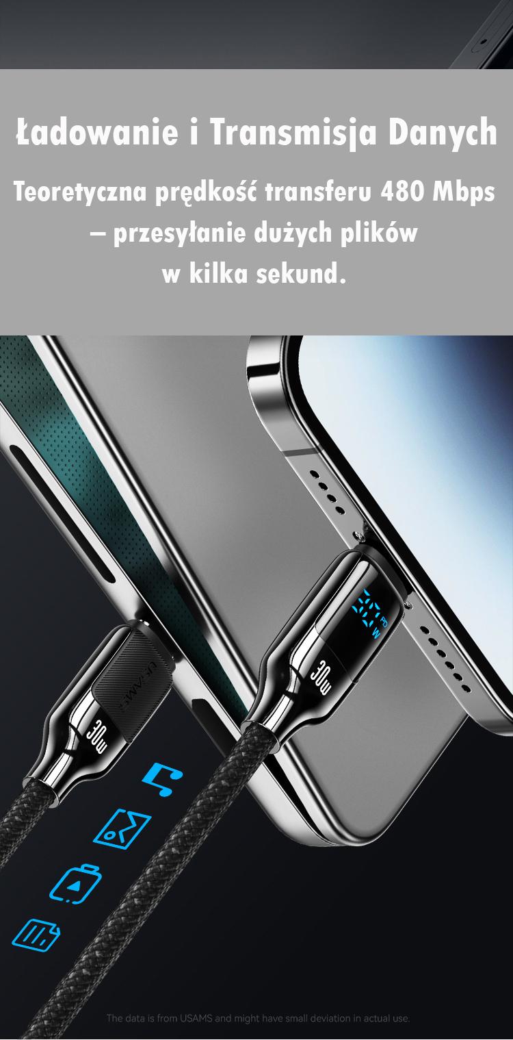 USAMS USB-C į Lightning Kabelis 30W 1.2m Digital Ekranas Zinc Alloy Fast Charging Data Kabelis HX Seri aprašymas - Prekės nuotrauka USAMS USB-C į Lightning Kabelis 30W 1.2m Digital Ekranas Zinc Alloy Fast Charging Data Kabelis HX Seri aprašymas - Prekės nuotrauka