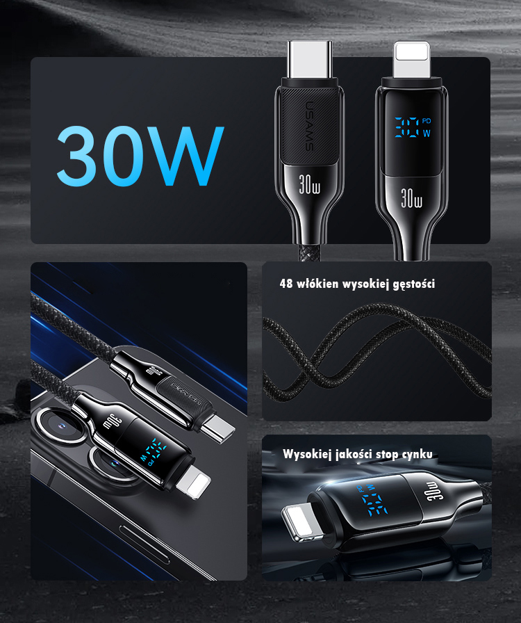 USAMS USB-C į Lightning Kabelis 30W 1.2m Digital Ekranas Zinc Alloy Fast Charging Data Kabelis HX Seri aprašymas - Prekės nuotrauka USAMS USB-C į Lightning Kabelis 30W 1.2m Digital Ekranas Zinc Alloy Fast Charging Data Kabelis HX Seri aprašymas - Prekės nuotrauka