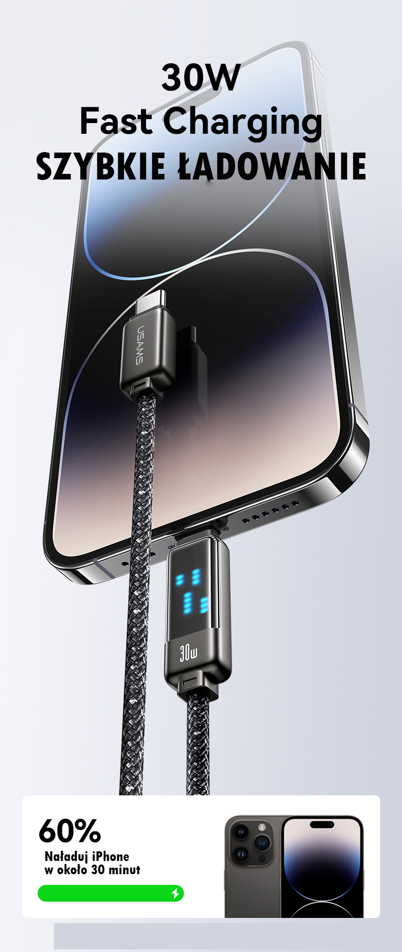 USAMS USB-C į Lightning kabelis 30W 1.2m cinko lydinio greito įkrovimo duomenų kabelis Meteor serijos SJ743USB0 aprašymas - Prekės nuotrauka USAMS USB-C į Lightning kabelis 30W 1.2m cinko lydinio greito įkrovimo duomenų kabelis Meteor serijos SJ743USB0 aprašymas - Prekės nuotrauka