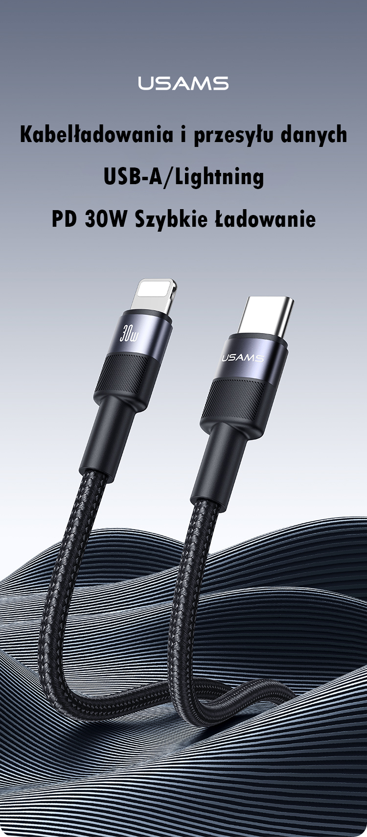 USAMS USB-C į Lightning laidas 30W 1.2m aliuminio lydinio duomenų perdavimo laidas SY Series SJ729USB01 (US-SJ729) aprašymas - Prekės nuotrauka