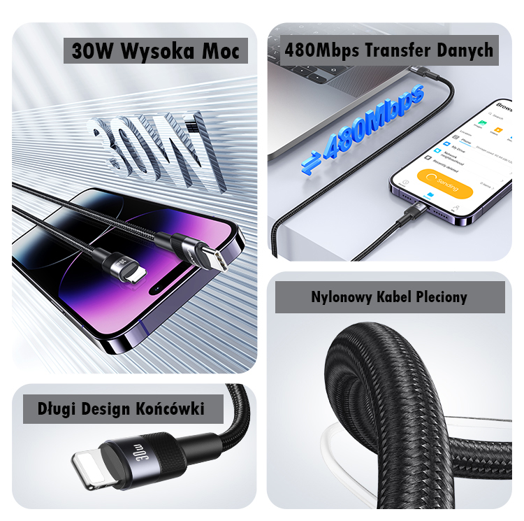 USAMS USB-C į Lightning laidas 30W 1.2m aliuminio lydinio duomenų perdavimo laidas SY Series SJ729USB01 (US-SJ729) aprašymas - Prekės nuotrauka