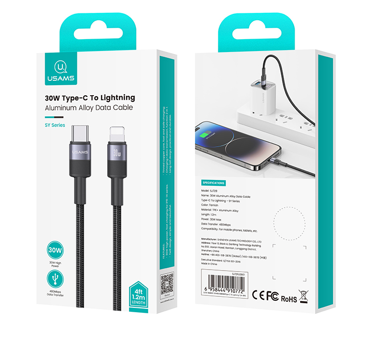 USAMS USB-C į Lightning laidas 30W 1.2m aliuminio lydinio duomenų perdavimo laidas SY Series SJ729USB01 (US-SJ729) aprašymas - Prekės nuotrauka