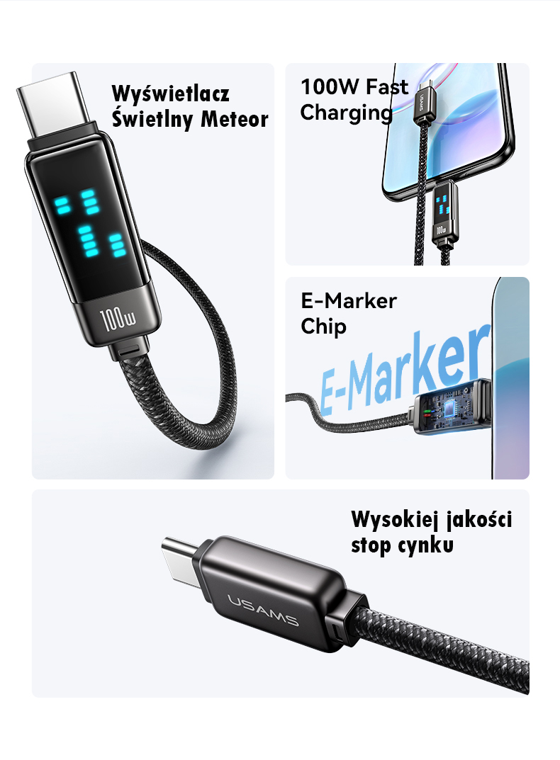 USAMS USB-C į USB-C laidas 100W 1.2m Zinc Alloy greito įkrovimo ir duomenų perdavimo laidas Meteor Series SJ744USB0 aprašymas - Prekės nuotrauka
