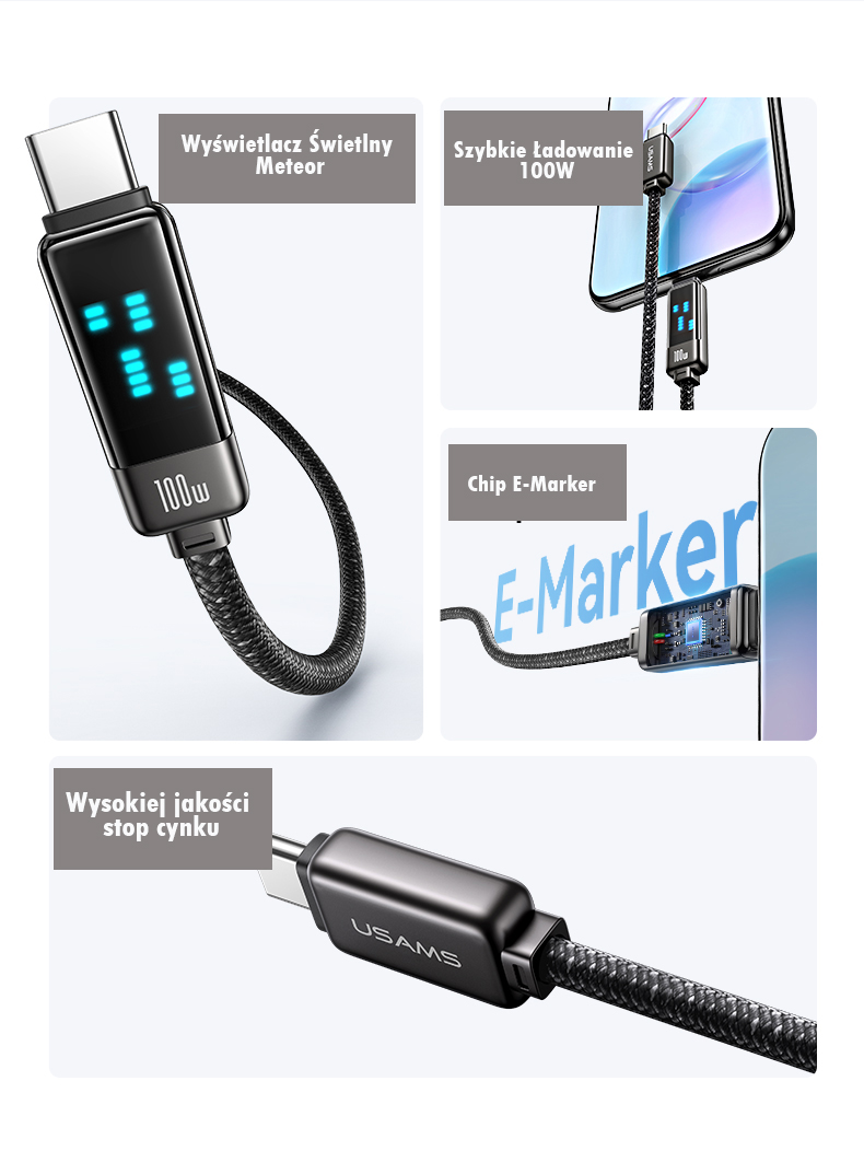 USAMS USB-C į USB-C laidas 100W 1.2m Zinc Alloy greito įkrovimo duomenų laidas Meteor Series SJ744USB0 aprašymas - Prekės nuotrauka