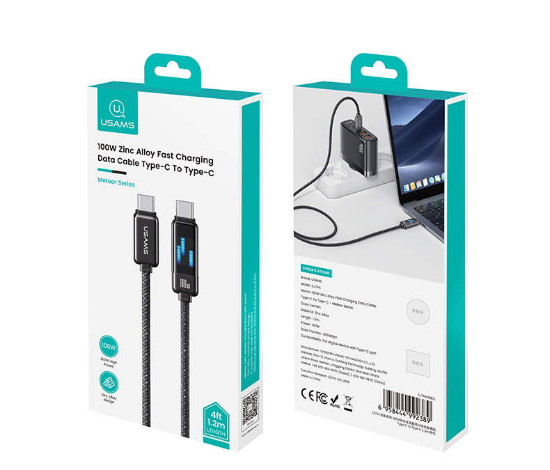 USAMS USB-C į USB-C laidas 100W 1.2m Zinc Alloy greito įkrovimo duomenų laidas Meteor Series SJ744USB0 aprašymas - Prekės nuotrauka