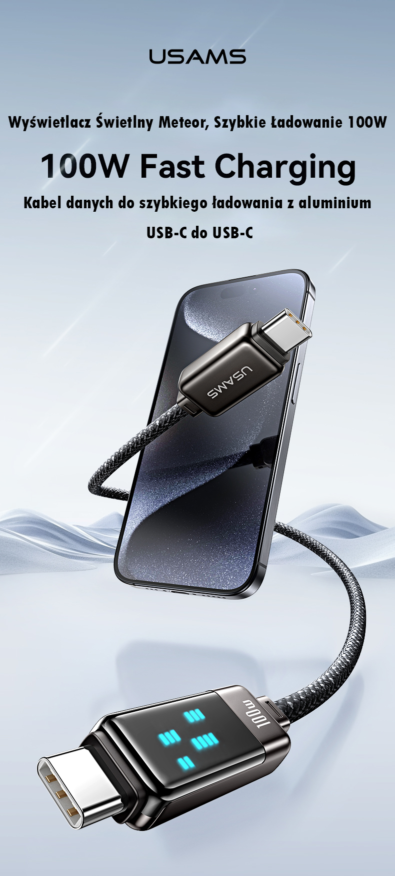 USAMS USB-C į USB-C laidas 100W 1.2m Zinc Alloy greito įkrovimo duomenų laidas Meteor Series SJ744USB0 aprašymas - Prekės nuotrauka