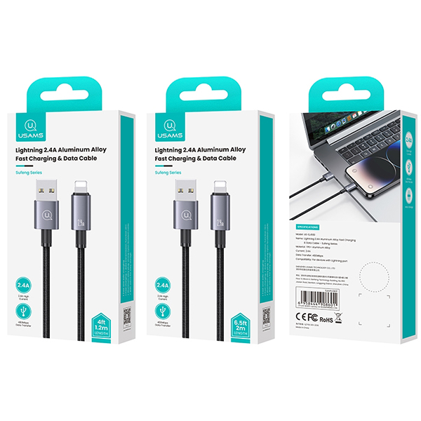 USAMS USB į Lightning laidas 2.4A 1.2m greito įkrovimo plieno/tamsiai pilkas SJ667USB01 (US-SJ667) aprašymas - Prekės nuotrauka