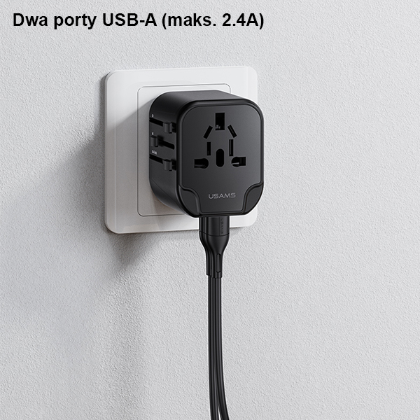 USAMS sieninis adapteris 2xUSB T55 12W 4-in-1 US/AU/EU/UK juodas CC173TC01 (US-CC173) universalus kelioninis įkroviklis aprašymas - Prekės nuotrauka USAMS sieninis adapteris 2xUSB T55 12W 4-in-1 US/AU/EU/UK juodas CC173TC01 (US-CC173) universalus kelioninis įkroviklis aprašymas - Prekės nuotrauka