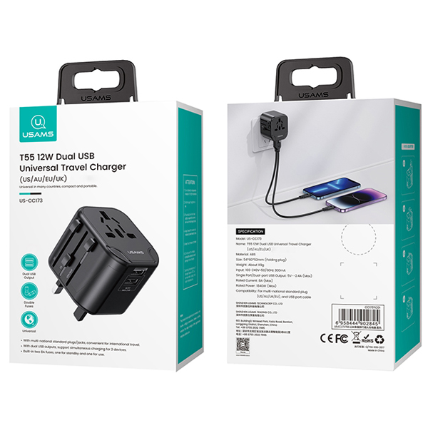 USAMS sieninis adapteris 2xUSB T55 12W 4-in-1 US/AU/EU/UK juodas CC173TC01 (US-CC173) universalus kelioninis įkroviklis aprašymas - Prekės nuotrauka USAMS sieninis adapteris 2xUSB T55 12W 4-in-1 US/AU/EU/UK juodas CC173TC01 (US-CC173) universalus kelioninis įkroviklis aprašymas - Prekės nuotrauka