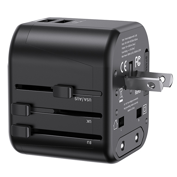USAMS sieninis adapteris 2xUSB T55 12W 4-in-1 US/AU/EU/UK juodas CC173TC01 (US-CC173) universalus kelioninis įkroviklis aprašymas - Prekės nuotrauka USAMS sieninis adapteris 2xUSB T55 12W 4-in-1 US/AU/EU/UK juodas CC173TC01 (US-CC173) universalus kelioninis įkroviklis aprašymas - Prekės nuotrauka