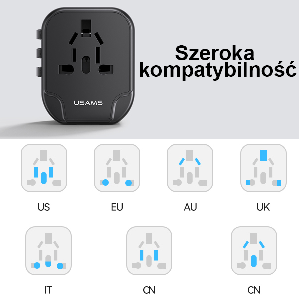USAMS sieninis adapteris 2xUSB T55 12W 4-in-1 US/AU/EU/UK juodas CC173TC01 (US-CC173) universalus kelioninis įkroviklis aprašymas - Prekės nuotrauka USAMS sieninis adapteris 2xUSB T55 12W 4-in-1 US/AU/EU/UK juodas CC173TC01 (US-CC173) universalus kelioninis įkroviklis aprašymas - Prekės nuotrauka