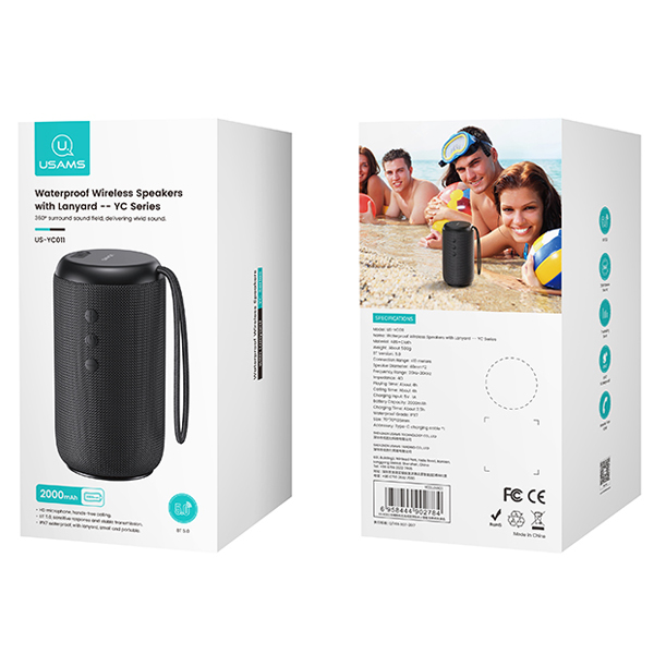 USAMS YC Series Bluetooth 5.0 10W vandeniui atsparus belaidis garsiakalbis su dirželiu juodos spalvos YC01 aprašymas - Prekės nuotrauka