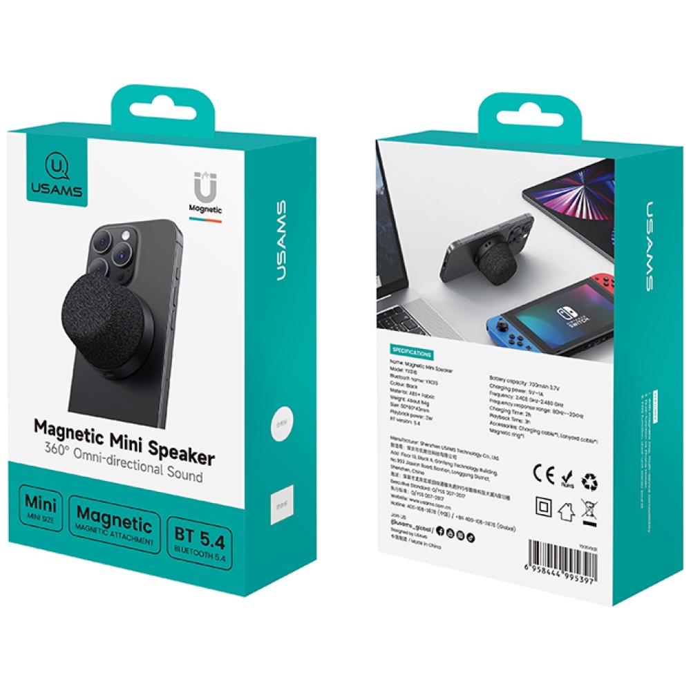 USAMS YX016 magnetinis „Bluetooth“ garsiakalbis, juodos spalvos aprašymas - Prekės nuotrauka