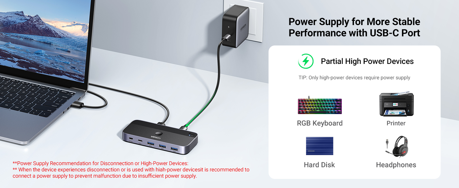 Ugreen USB 3.0 perjungėjas (2 PC <-> 4 įrenginiai (3x USB-A + USB-C)) aprašymas - Prekės nuotrauka