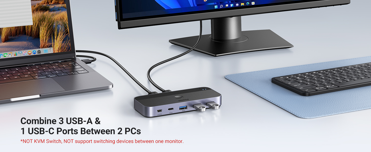 Ugreen USB 3.0 perjungėjas (2 PC <-> 4 įrenginiai (3x USB-A + USB-C)) aprašymas - Prekės nuotrauka
