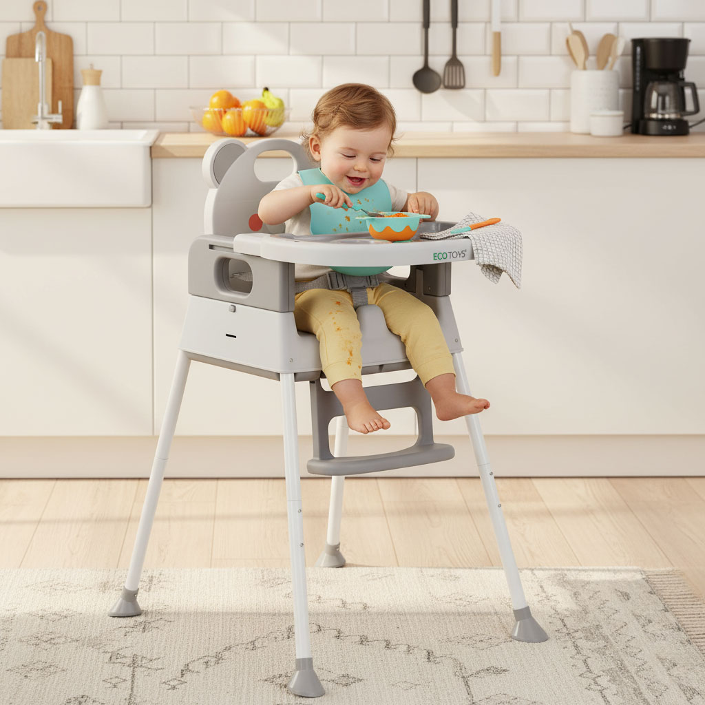 Vaikiška maitinimo kėdutė 3-in-1 su dvigubu padėklu ir 5 taškų saugos diržais, pilka ECOTOYS aprašymas - Prekės nuotrauka