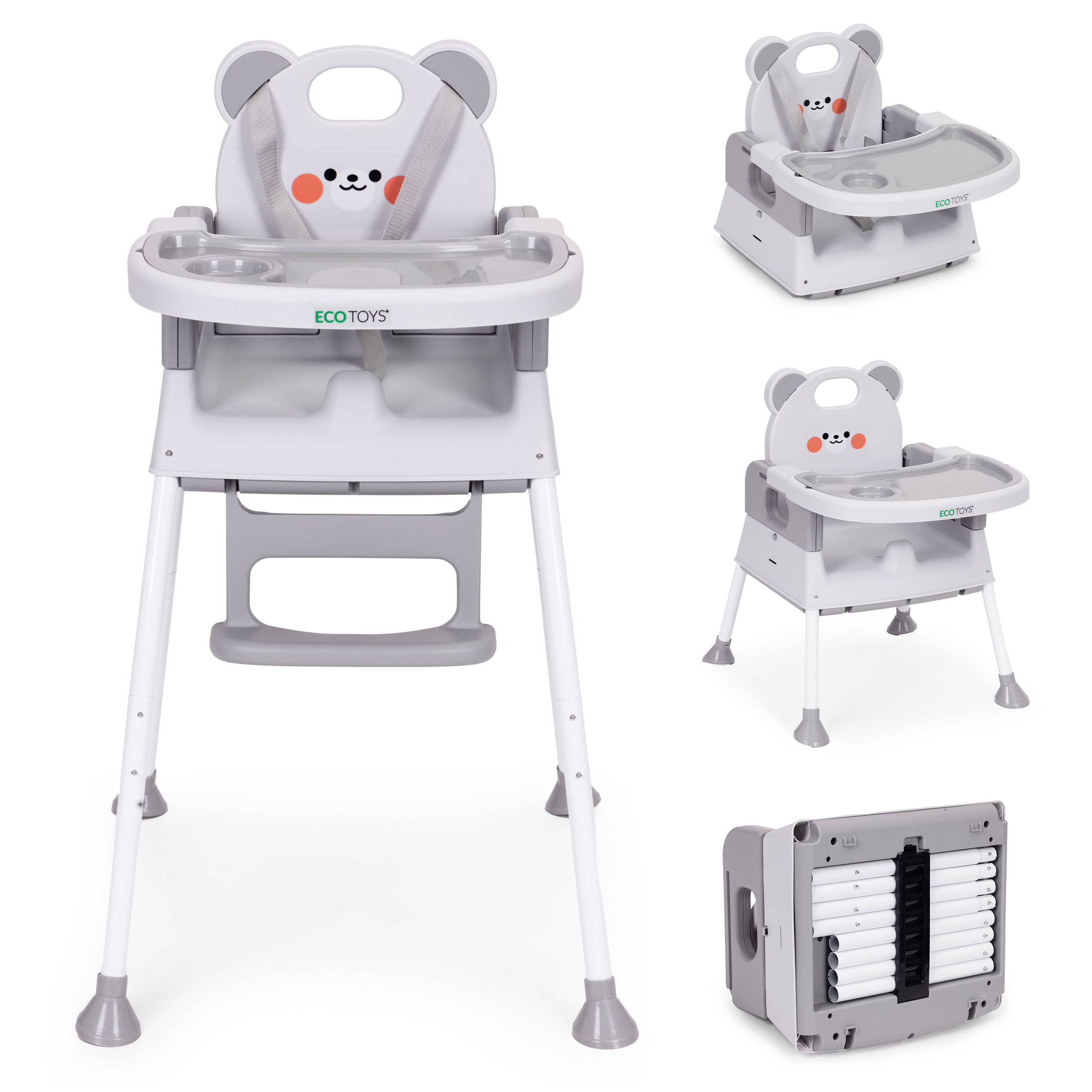 Vaikiška maitinimo kėdutė 3-in-1 su dvigubu padėklu ir 5 taškų saugos diržais, pilka ECOTOYS aprašymas - Prekės nuotrauka