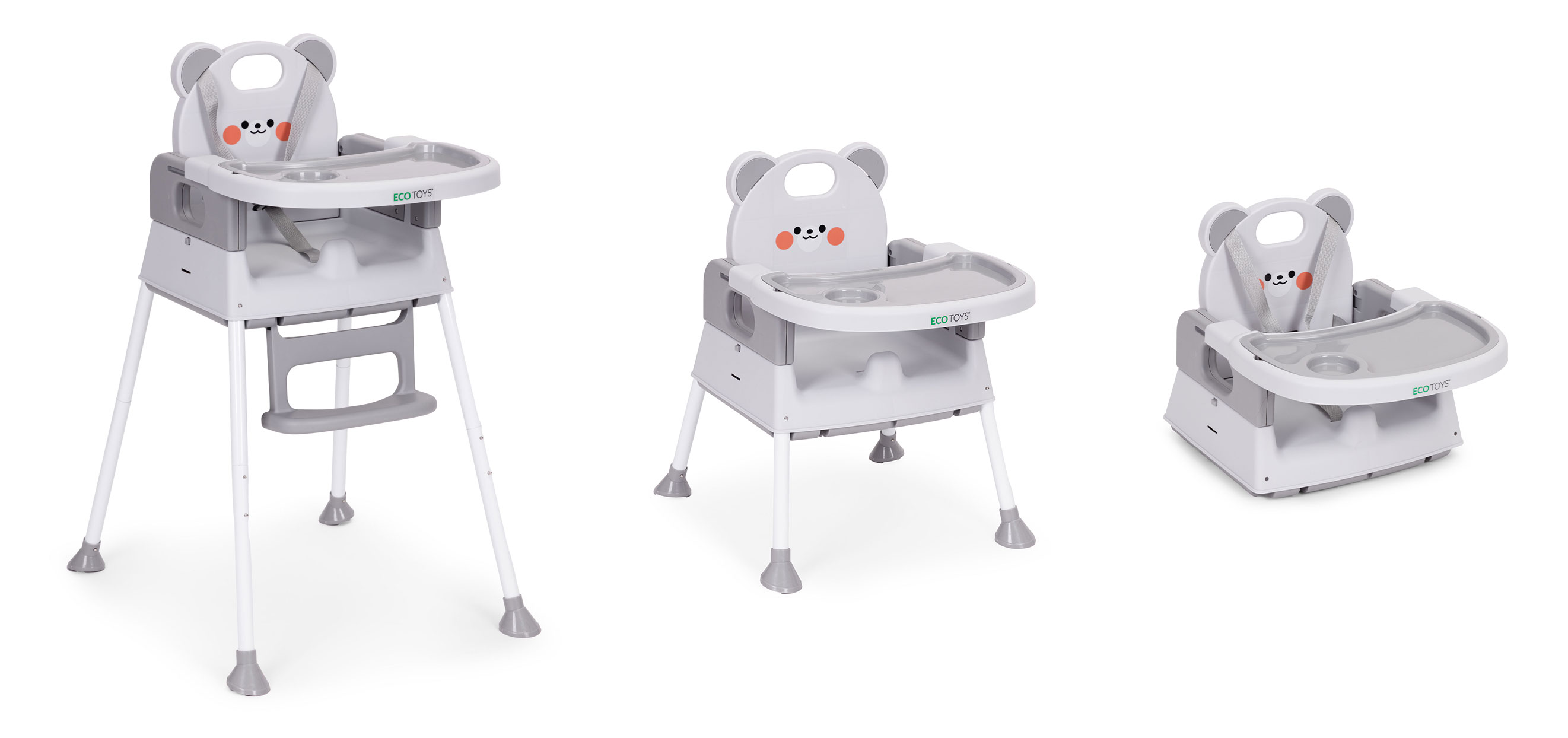 Vaikiška maitinimo kėdutė 3-in-1 su dvigubu padėklu ir 5 taškų saugos diržais, pilka ECOTOYS aprašymas - Prekės nuotrauka