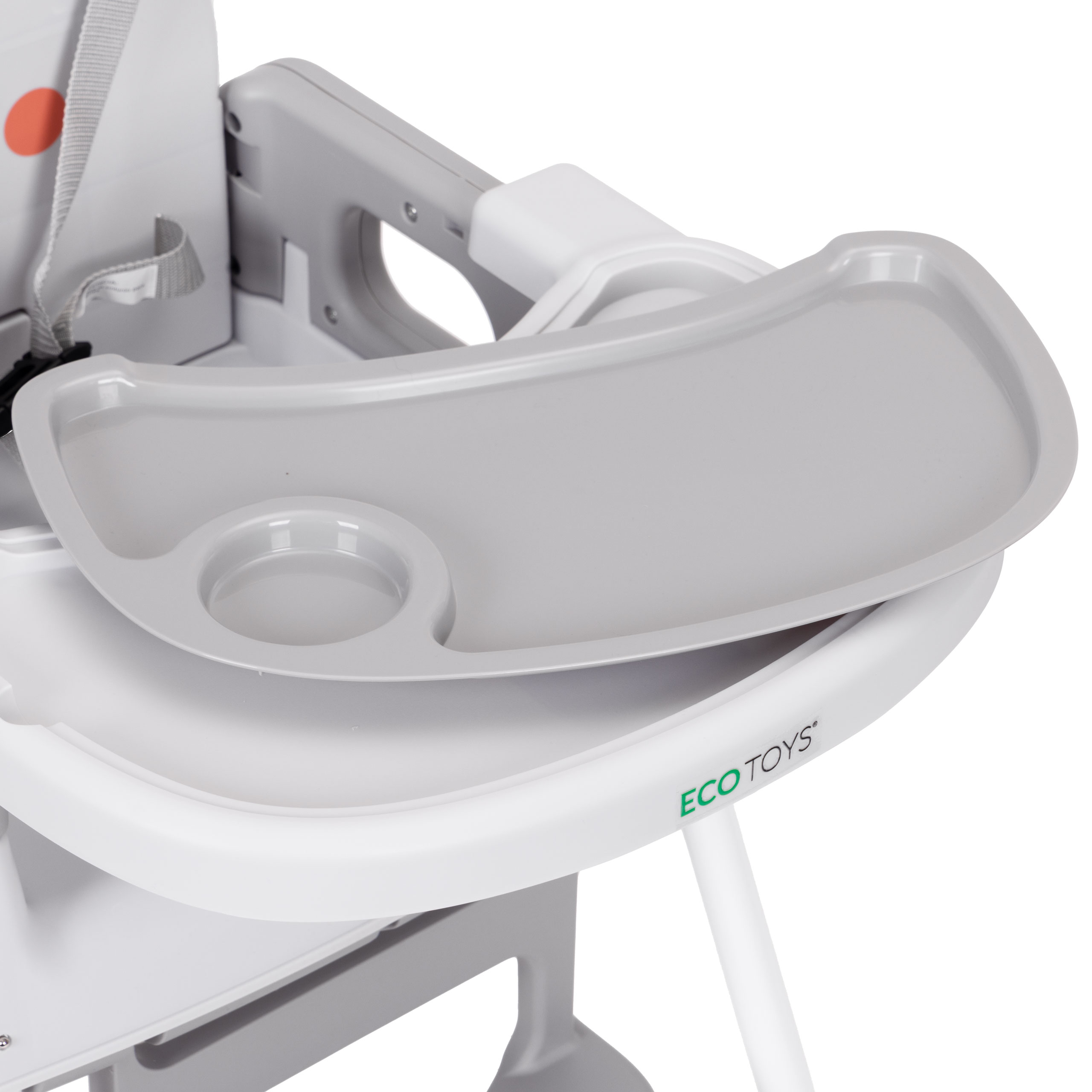 Vaikiška maitinimo kėdutė 3-in-1 su dvigubu padėklu ir 5 taškų saugos diržais, pilka ECOTOYS aprašymas - Prekės nuotrauka