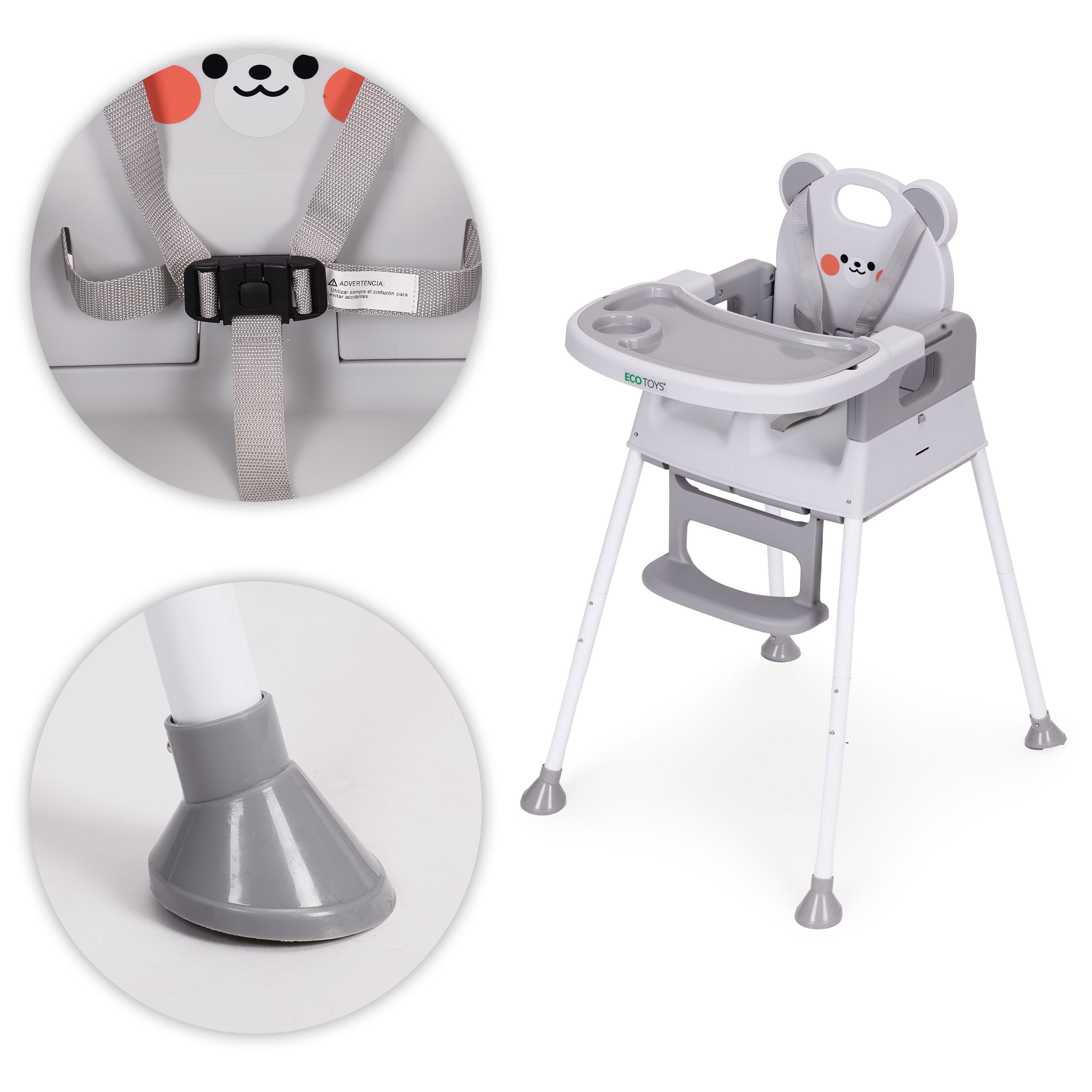 Vaikiška maitinimo kėdutė 3-in-1 su dvigubu padėklu ir 5 taškų saugos diržais, pilka ECOTOYS aprašymas - Prekės nuotrauka