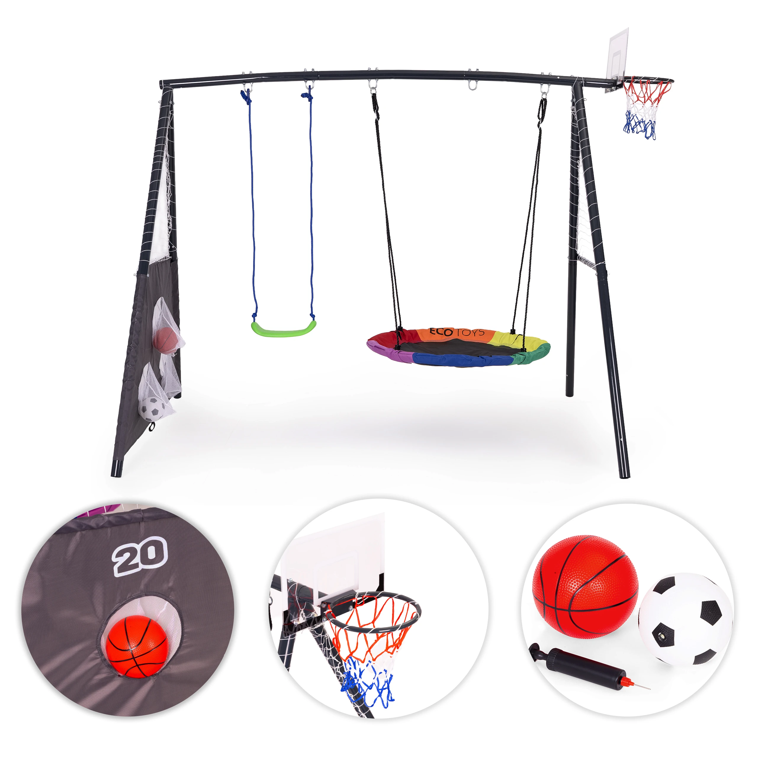 Vaikiškos sodo sūpynės 4-viename, gandro lizdas, krepšinio lankas su 2 kamuoliais, ECOTOYS aprašymas - Prekės nuotrauka