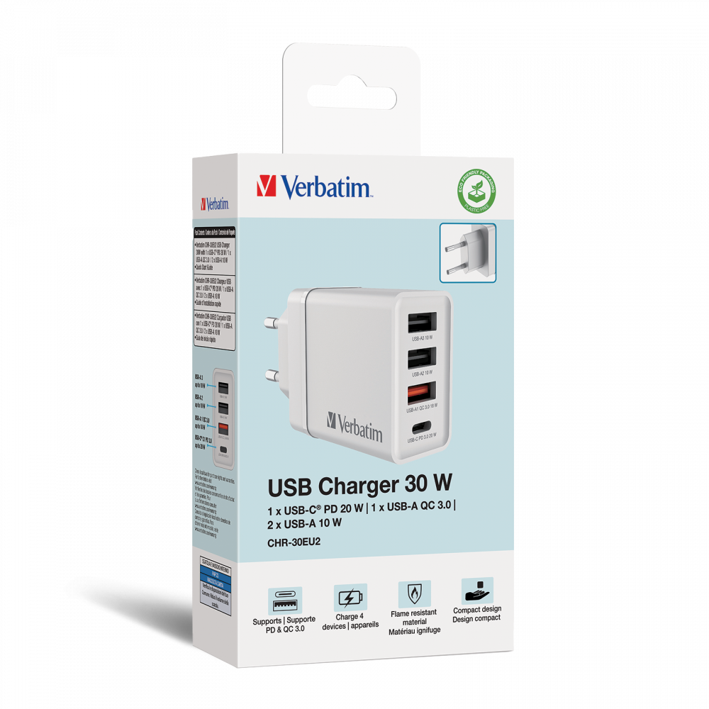 Verbatim 30W laidinis įkroviklis 3xUSB-A/USB-C PD 3.0 CHR-30EU2 baltos spalvos 49701 aprašymas - Prekės nuotrauka
