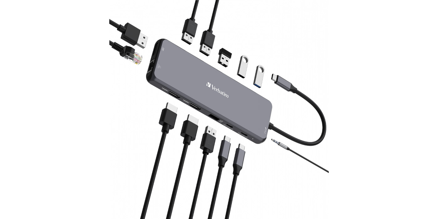 Verbatim adapteris „Hub“ USB-C – 2xHDMI/DP/Ethernet/6xUSB-A/3,5 mm lizdas/2xUSB-C, pilkos spalvos, 32153 aprašymas - Prekės nuotrauka
