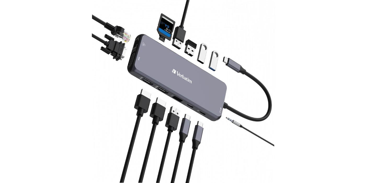 Verbatim Adapteris Hub USB-C - 2xHDMI/VGA/ Eternet/5xUSB-A/Jack 3.5mm/2xUSB-C/SD/Micro SD pilkos spalvos 32154 aprašymas - Prekės nuotrauka