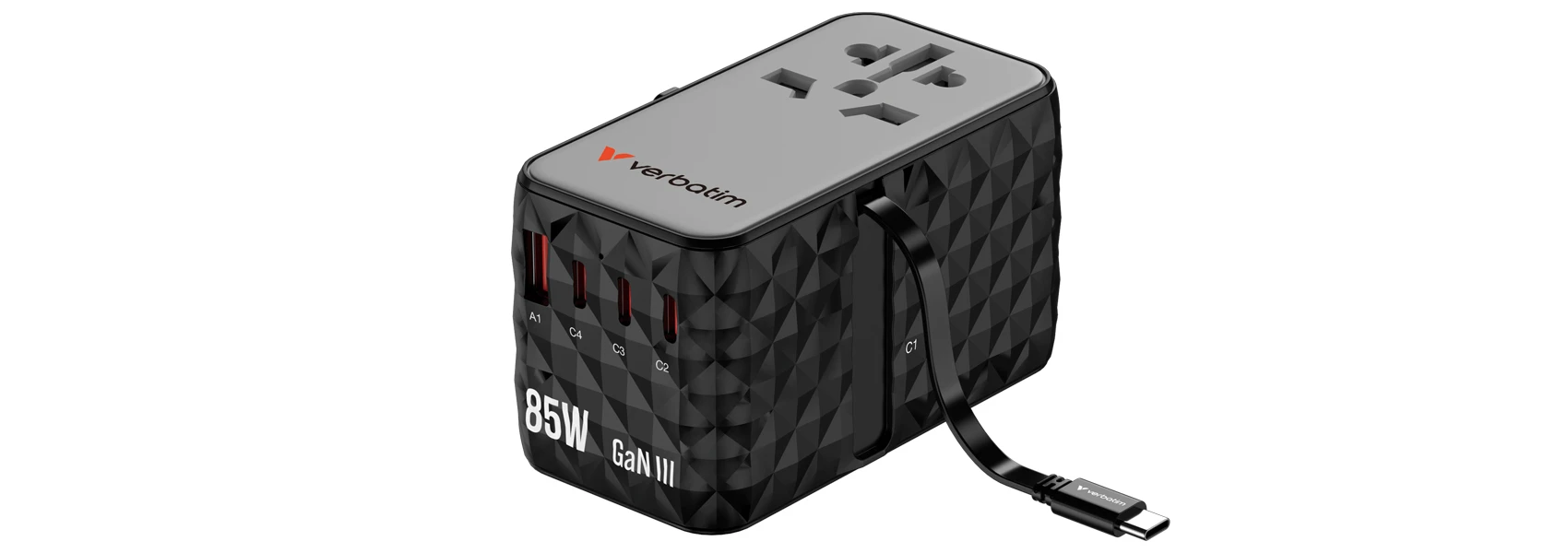 Verbatim Adapteris kelioninis EU/UK/US GaN USB-A/3xUSB-C PD 85W CNT-02 juodos spalvos 32127 aprašymas - Prekės nuotrauka Verbatim Adapteris kelioninis EU/UK/US GaN USB-A/3xUSB-C PD 85W CNT-02 juodos spalvos 32127 aprašymas - Prekės nuotrauka