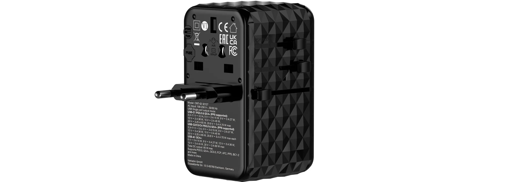 Verbatim Adapteris kelioninis EU/UK/US GaN USB-A/3xUSB-C PD 85W CNT-02 juodos spalvos 32127 aprašymas - Prekės nuotrauka Verbatim Adapteris kelioninis EU/UK/US GaN USB-A/3xUSB-C PD 85W CNT-02 juodos spalvos 32127 aprašymas - Prekės nuotrauka