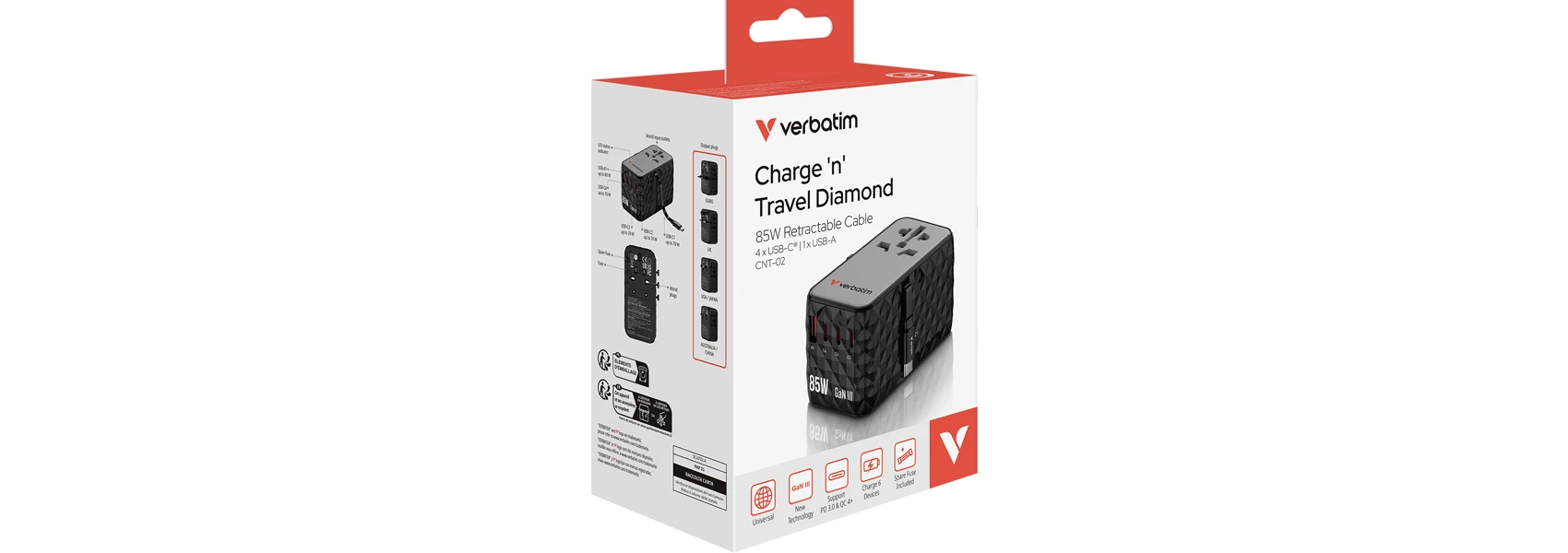 Verbatim Adapteris kelioninis EU/UK/US GaN USB-A/3xUSB-C PD 85W CNT-02 juodos spalvos 32127 aprašymas - Prekės nuotrauka Verbatim Adapteris kelioninis EU/UK/US GaN USB-A/3xUSB-C PD 85W CNT-02 juodos spalvos 32127 aprašymas - Prekės nuotrauka