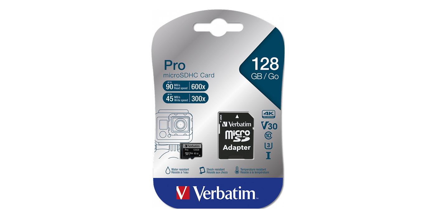 Verbatim Atminties kortelė Micro SD 128GB + adapter Pro U3 juodos spalvos 47044 aprašymas - Prekės nuotrauka Verbatim Atminties kortelė Micro SD 128GB + adapter Pro U3 juodos spalvos 47044 aprašymas - Prekės nuotrauka