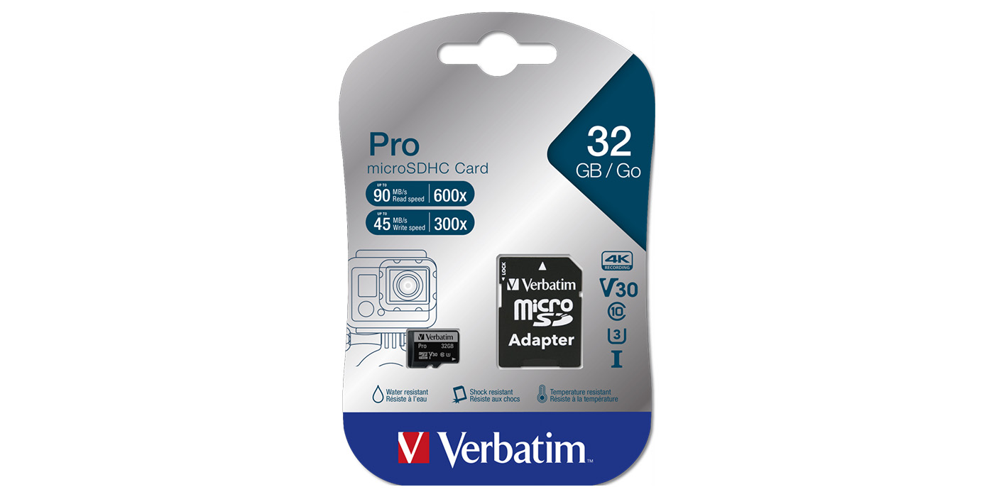 Verbatim Atminties kortelė Micro SD 32GB + adapter Pro U3 juodos spalvos 47041 aprašymas - Prekės nuotrauka