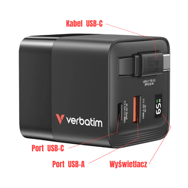 Verbatim įkroviklis laidinis GaN 65W 2xUSB-C/USB-A + Adapteris EU/UK/US juodos spalvos 32217 aprašymas - Prekės nuotrauka