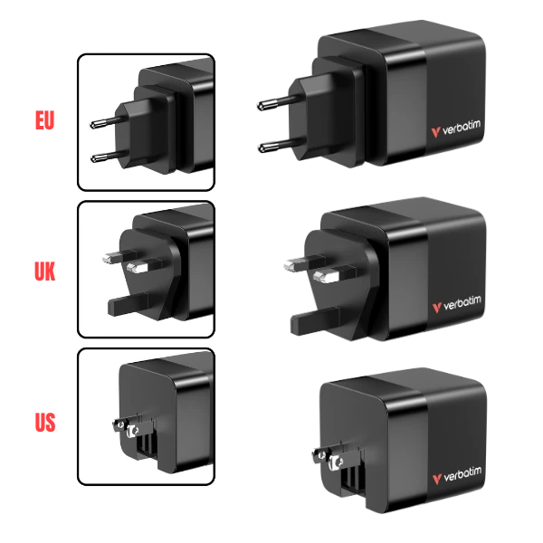 Verbatim įkroviklis laidinis GaN 65W 2xUSB-C/USB-A + Adapteris EU/UK/US juodos spalvos 32217 aprašymas - Prekės nuotrauka