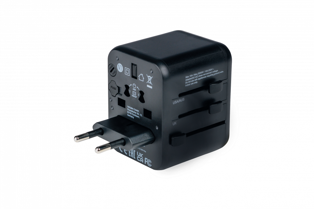 Verbatim kelioninis adapteris EU/UK/US 2xUSB-A UTA-01 juodos spalvos 49543 aprašymas - Prekės nuotrauka