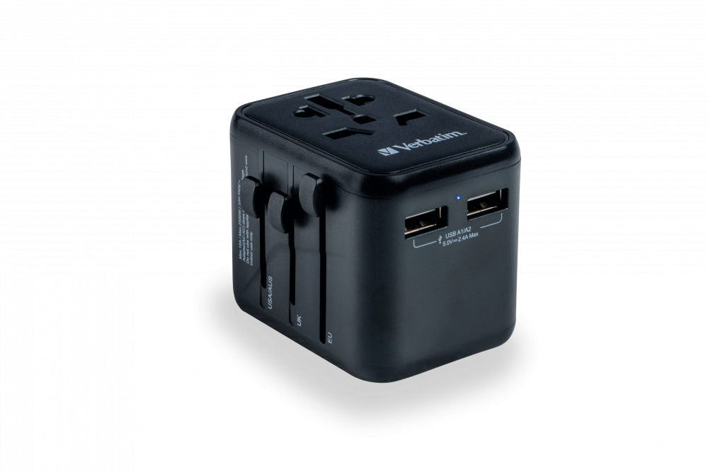 Verbatim kelioninis adapteris EU/UK/US 2xUSB-A UTA-01 juodos spalvos 49543 aprašymas - Prekės nuotrauka