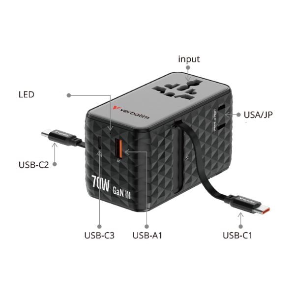 Verbatim kelioninis adapteris EU/UK/US GaN 1xUSB-C/1xUSB-A/2xUSB-C PD 70W violetinis 30188 aprašymas - Prekės nuotrauka