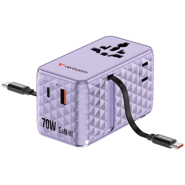 Verbatim kelioninis adapteris EU/UK/US GaN 1xUSB-C/1xUSB-A/2xUSB-C PD 70W violetinis 30188 aprašymas - Prekės nuotrauka