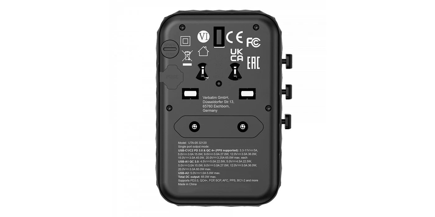 Verbatim kelioninis adapteris EU/UK/US GaN 2xUSB-A/2xUSB-C PD 65W UTA-05 juodas 32120 aprašymas - Prekės nuotrauka