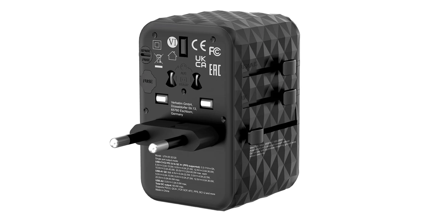 Verbatim kelioninis adapteris EU/UK/US GaN 2xUSB-A/2xUSB-C PD 65W UTA-05 juodas 32120 aprašymas - Prekės nuotrauka