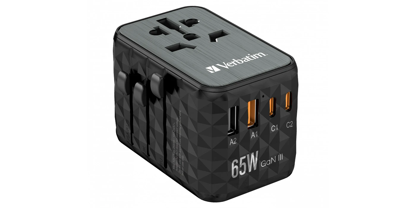 Verbatim kelioninis adapteris EU/UK/US GaN 2xUSB-A/2xUSB-C PD 65W UTA-05 juodas 32120 aprašymas - Prekės nuotrauka