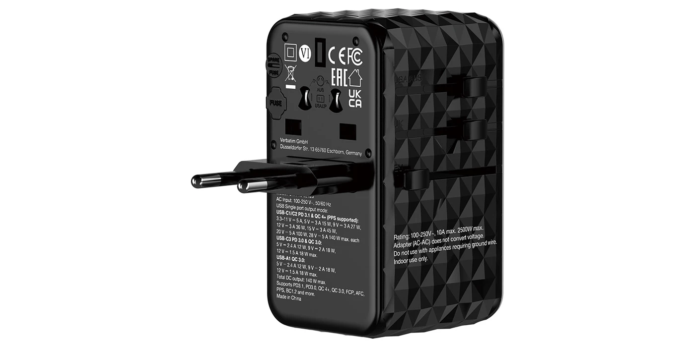Verbatim kelioninis adapteris EU/UK/US GaN USB-A/3xUSB-C PD 140W UTA-10 juodas 32125 aprašymas - Prekės nuotrauka
