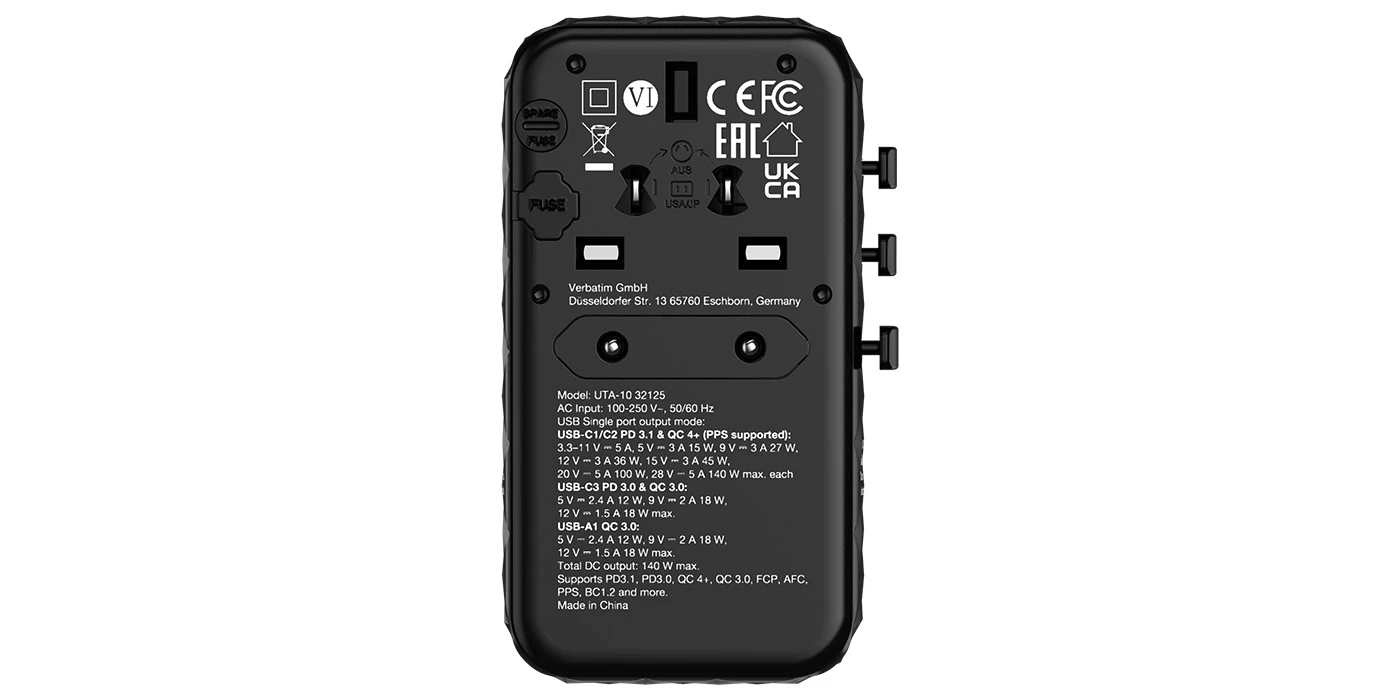 Verbatim kelioninis adapteris EU/UK/US GaN USB-A/3xUSB-C PD 140W UTA-10 juodas 32125 aprašymas - Prekės nuotrauka