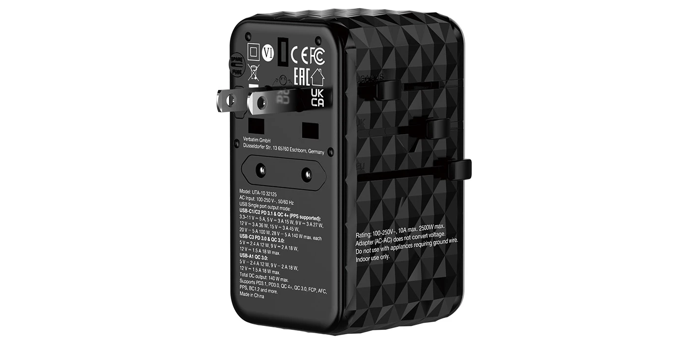 Verbatim kelioninis adapteris EU/UK/US GaN USB-A/3xUSB-C PD 140W UTA-10 juodas 32125 aprašymas - Prekės nuotrauka